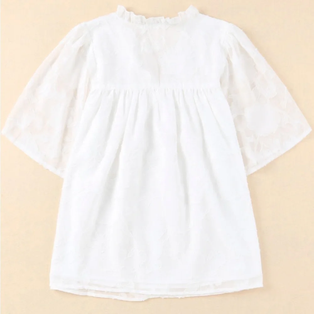 White Floral Textured V-Neck Buttoned Blouse - Picture 4 of 10